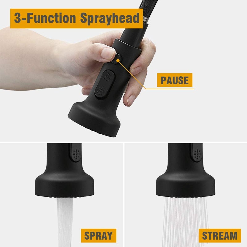 BESy Kitchen Faucet with Three-Function Sprayer Head, Matte Black Finish, Single-Handle, 10-Inch Deck Plate, Brass Material, Easy Installation - Image 3